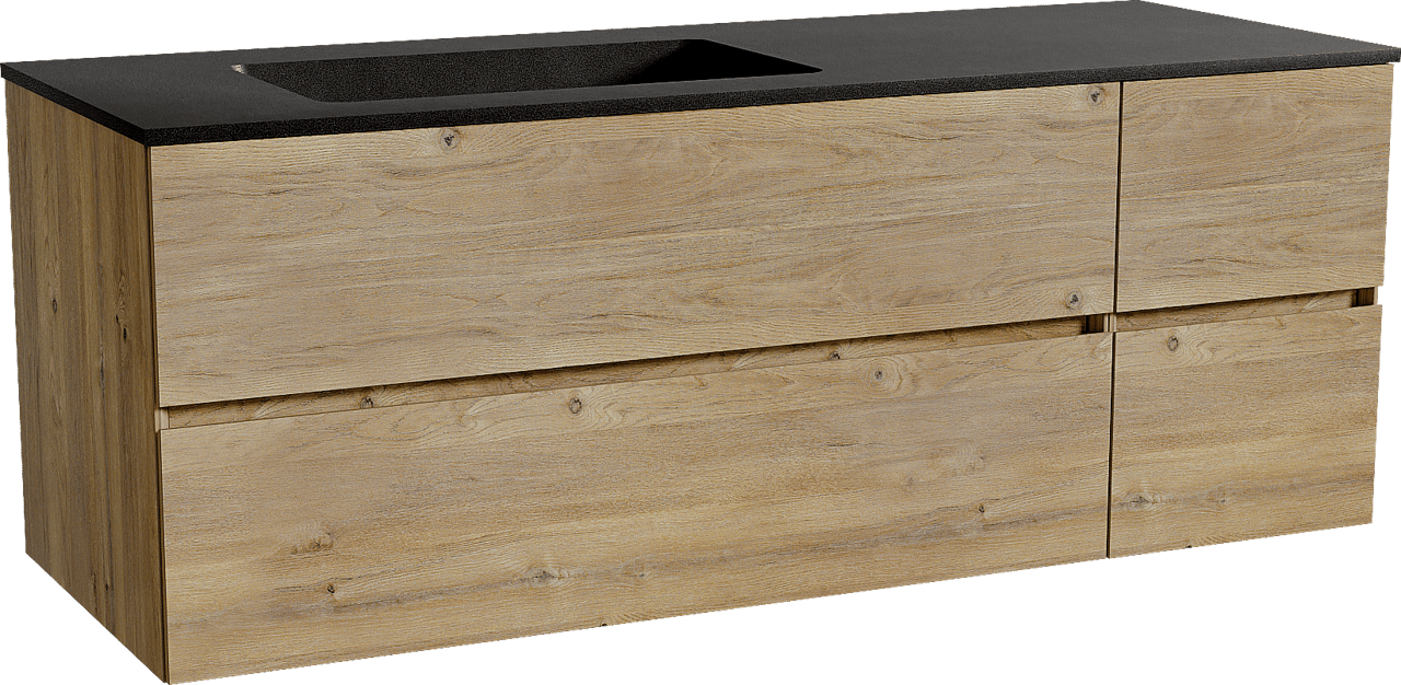 Storke Edge hängendes Möbelstück Set: 140 x 52 cm, Rohe Eiche, mit Scuro Waschtisch links, Quarz Schwarz matt