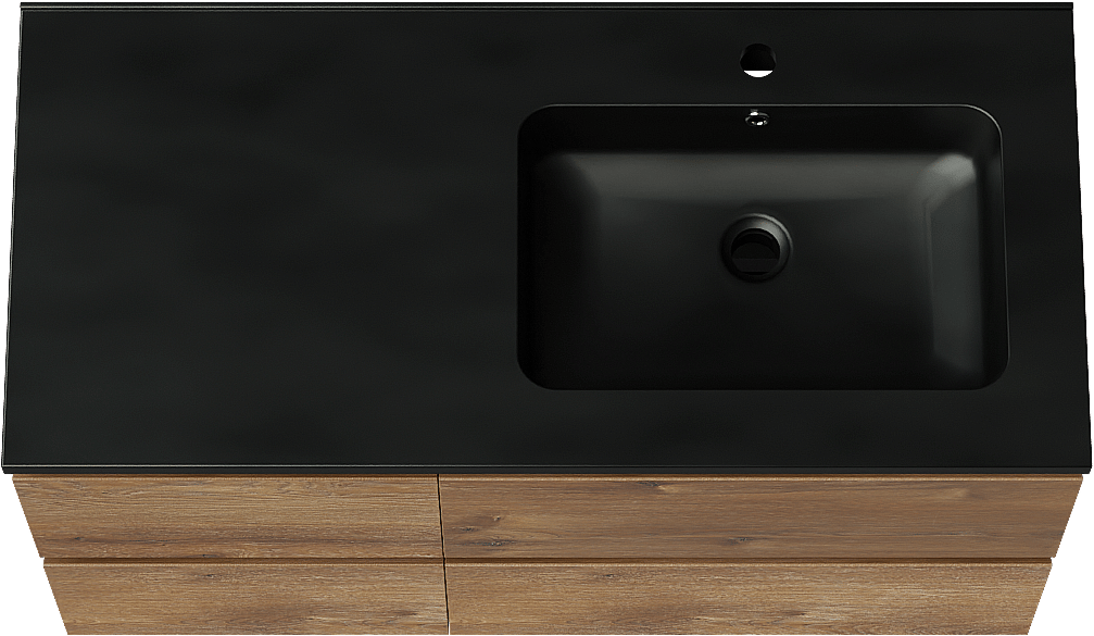 Linie Lado zwevend badkamermeubel 100 x 46 cm bruine eik met Vano asymmetrisch rechtse wastafel in composietmarmer mat zwart