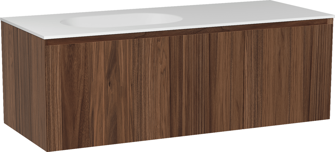 Balmani Idra meuble salle de bains suspendu 135 x 55 cm noyer avec Tablo Oval plan vasque asymétrique à gauche en solid surface blanc mat