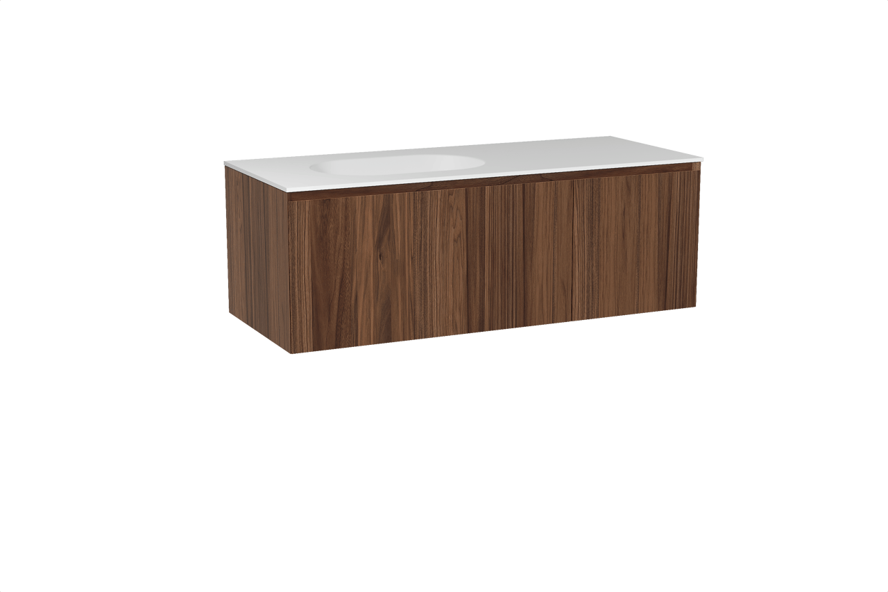 Balmani Idra hängendes Möbelstück Set: 135 x 55 cm, Nussbaum, mit Tablo Oval Waschtisch links, Solid Surface Weiß matt