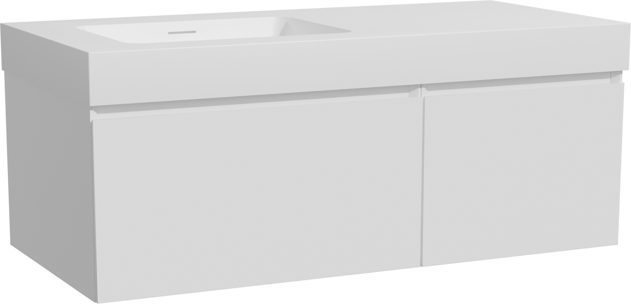 Storke Edge hängendes Möbelstück Set: 110 x 52 cm, Weiß matt, mit Mata High Waschtisch links, Solid Surface Weiß matt
