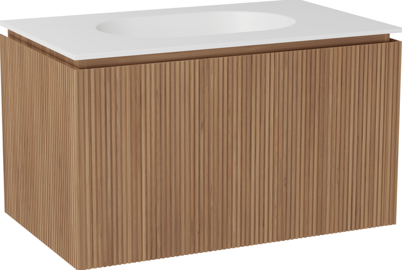 Balmani Eclips meuble salle de bains suspendu 90 x 55 cm Teck avec Tablo Oval plan simple en Solid Surface blanc mat, Nervure droite symétrique verticale