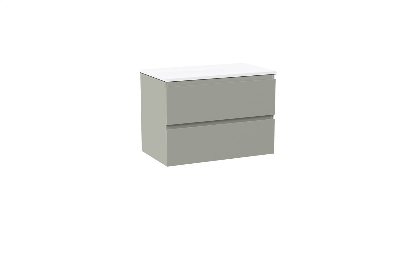 Linie Lado hängendes Möbelstück Set: 80 x 46 cm, Greige, mit Lado Einzel Waschtischplatte, Marmorkomposit Weiß glänzend