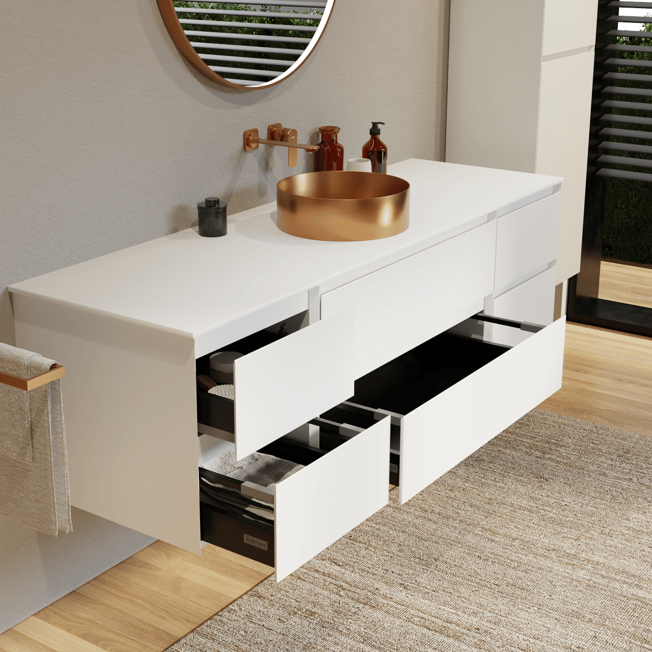 Balmani Mitra meuble salle de bains suspendu 180 x 55 cm blanc mat avec Stretto tablette simple ou double en solid surface blanc mat