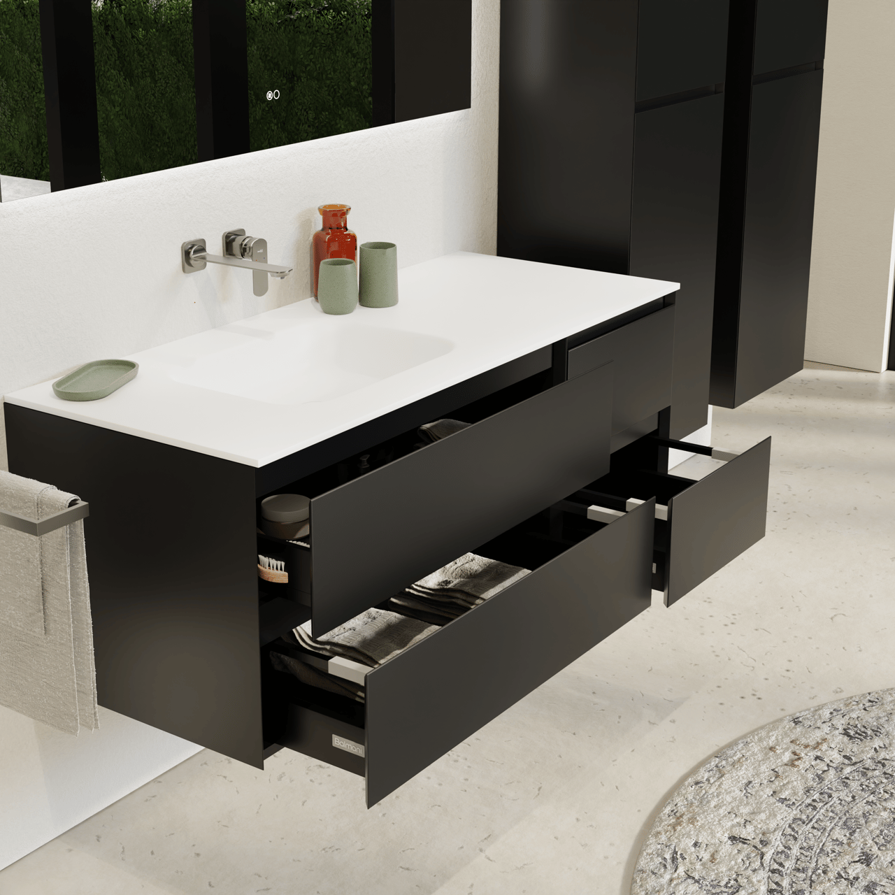 Balmani Mitra hängendes Möbelstück Set: 135 x 55 cm, Schwarz matt, mit Tablo Arcato Waschtisch links, Solid Surface Weiß matt