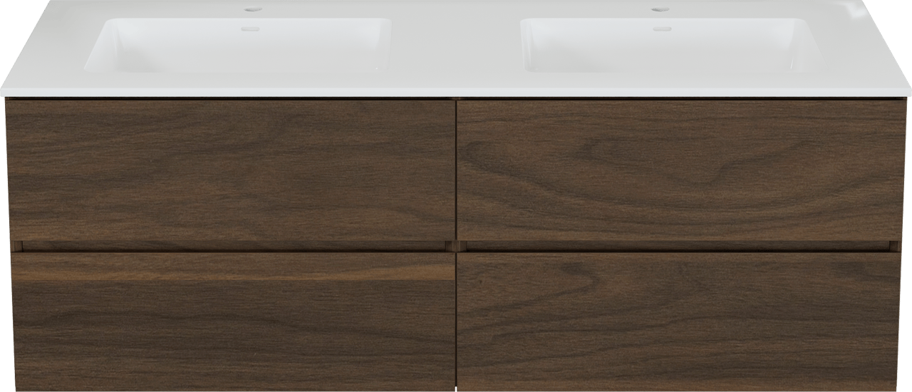 Storke Edge meuble salle de bains suspendu 150 x 52 cm noyer avec Bilia double vasque en marbre composite blanc brillant