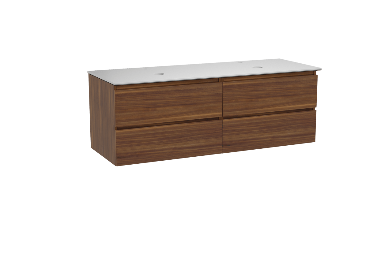 Balmani Lucida meuble salle de bains suspendu 150 x 55 cm noyer américain avec Facetta tablette double en solid surface blanc mat