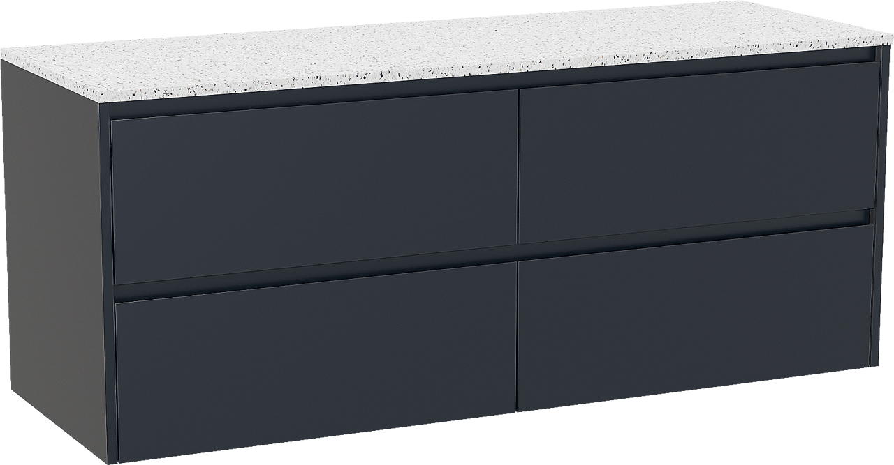 Storke Seda meuble salle de bains suspendu 150 x 52 cm bleu nuit avec Tavola tablette simple ou double en blanc/noir mat terrazzo