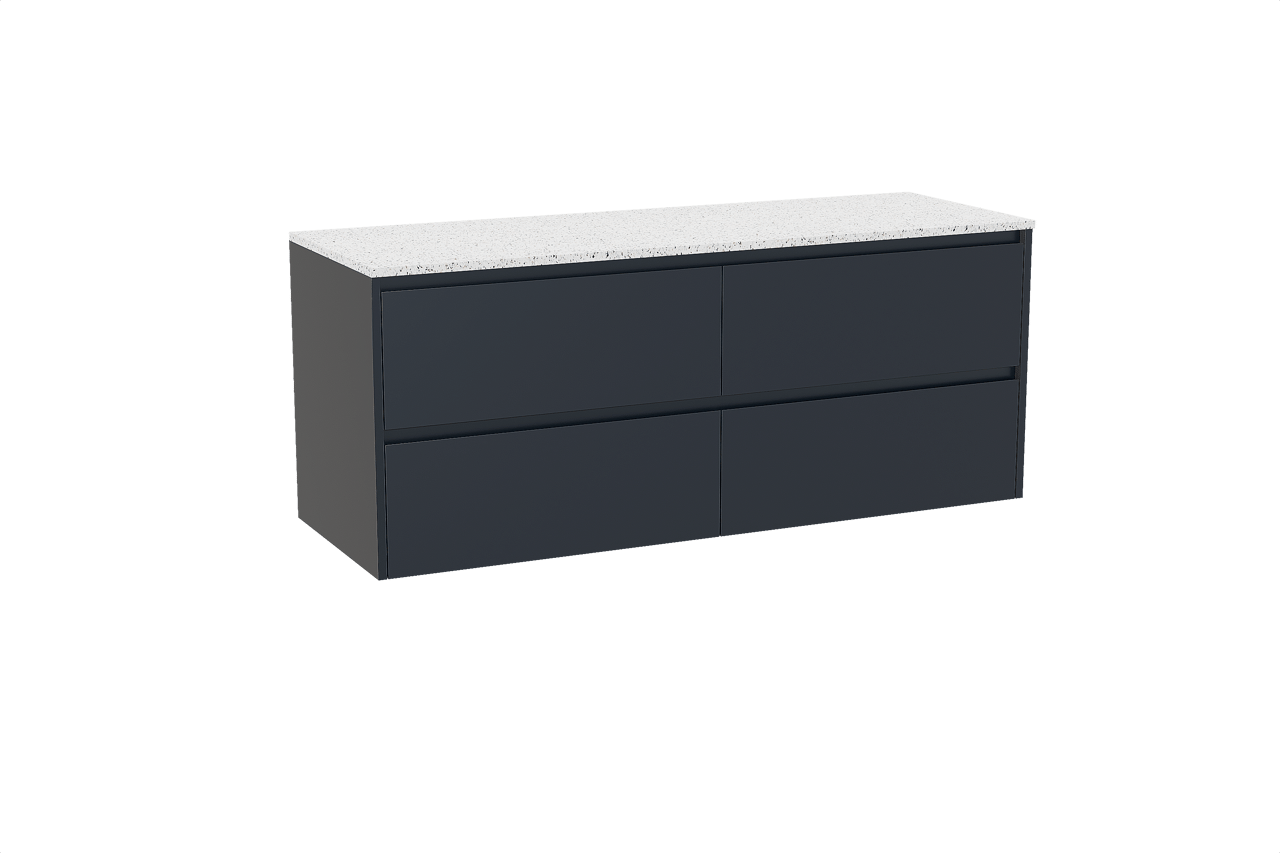 Storke Seda meuble salle de bains suspendu 150 x 52 cm bleu nuit avec Tavola tablette simple ou double en blanc/noir mat terrazzo