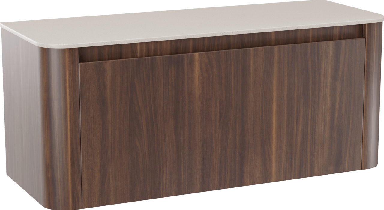 Storke Soft meuble salle de bains suspendu 120 x 46 cm noyer avec Tavola Soft tablette simple ou double vasque en Solid Surface beige granite