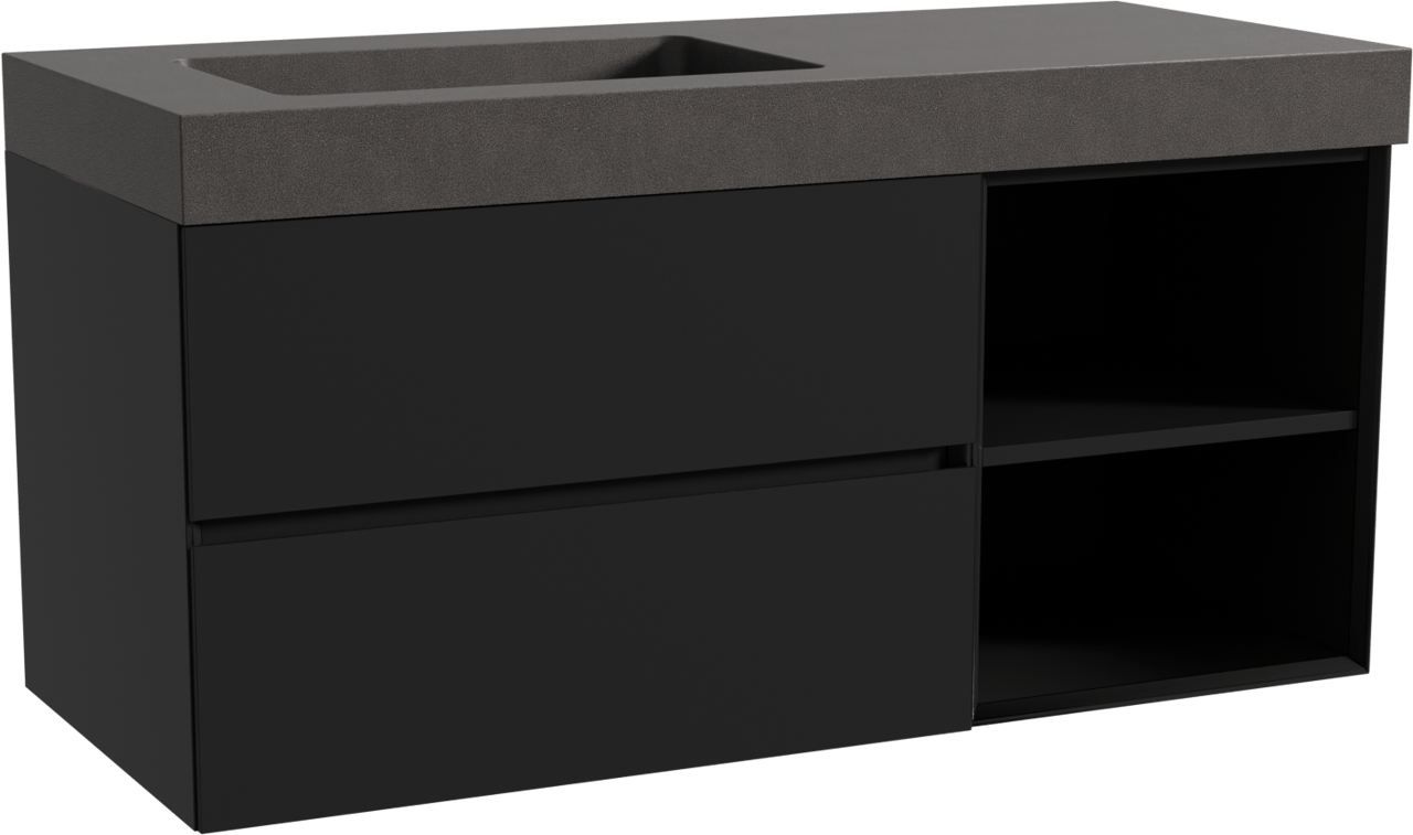 Storke Edge meuble salle de bains suspendu 120 x 52 cm noir mat avec Scuro High vasque asymétrique gauche en quartz noir mat