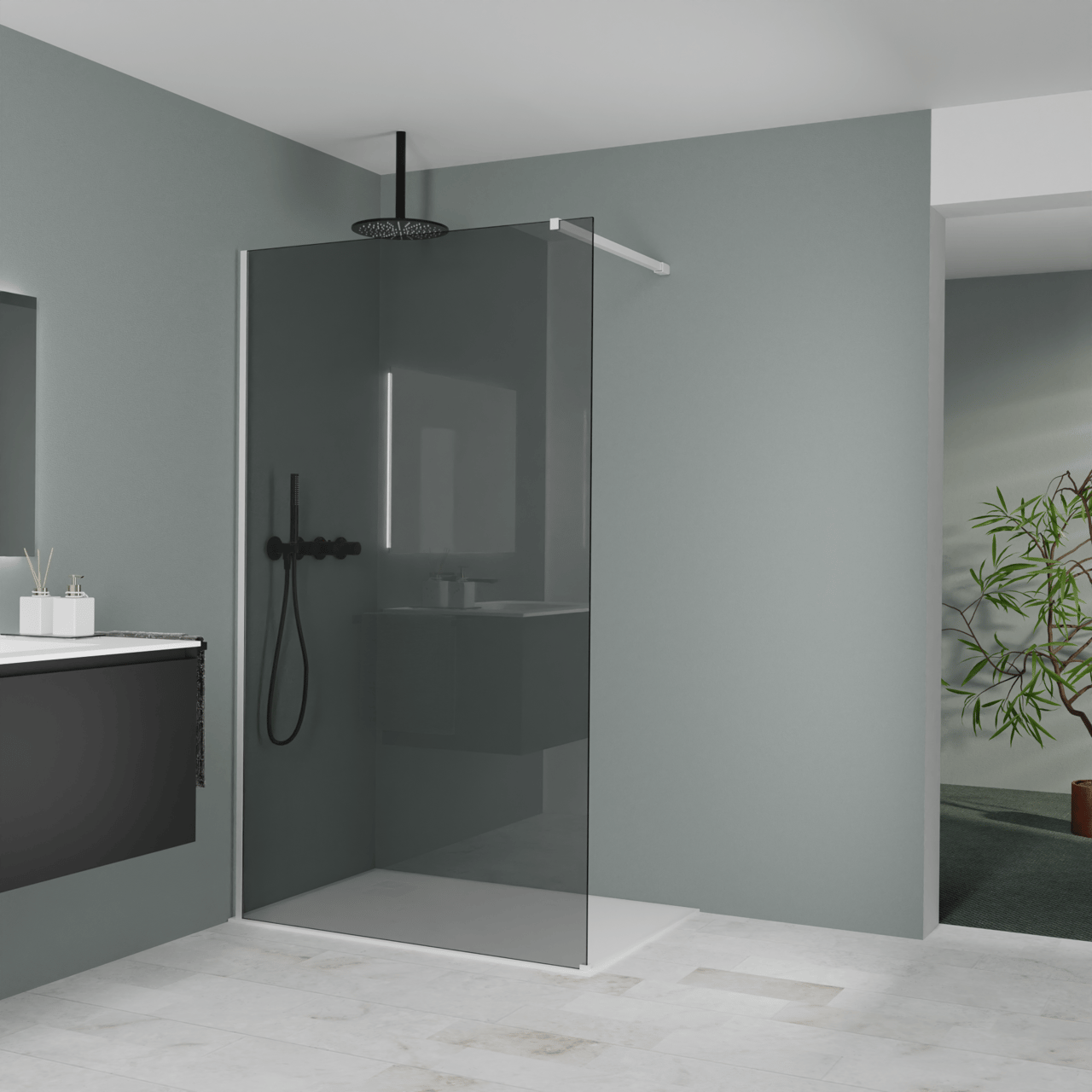Balmani Modular Walk-In Dusche: 120 x 200 cm, Rauchglas, Profil Weiß matt