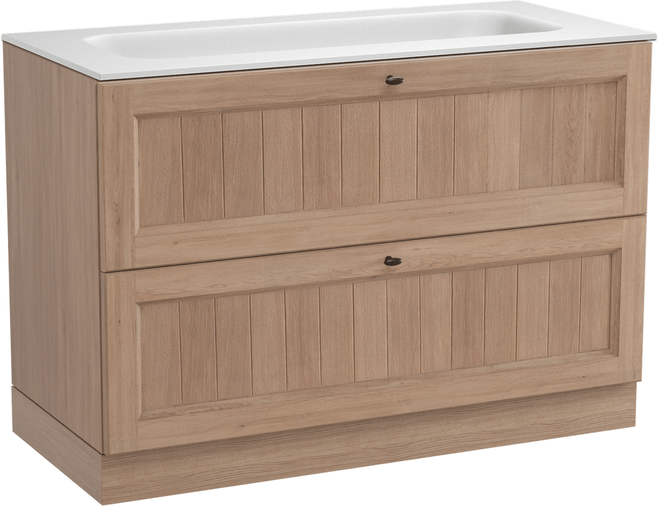 Balmani Lemon staand badkamermeubel 120 x 55 cm verweerde eik met Tablo Arcato enkele wastafel voor 2 kraangaten in solid surface mat wit