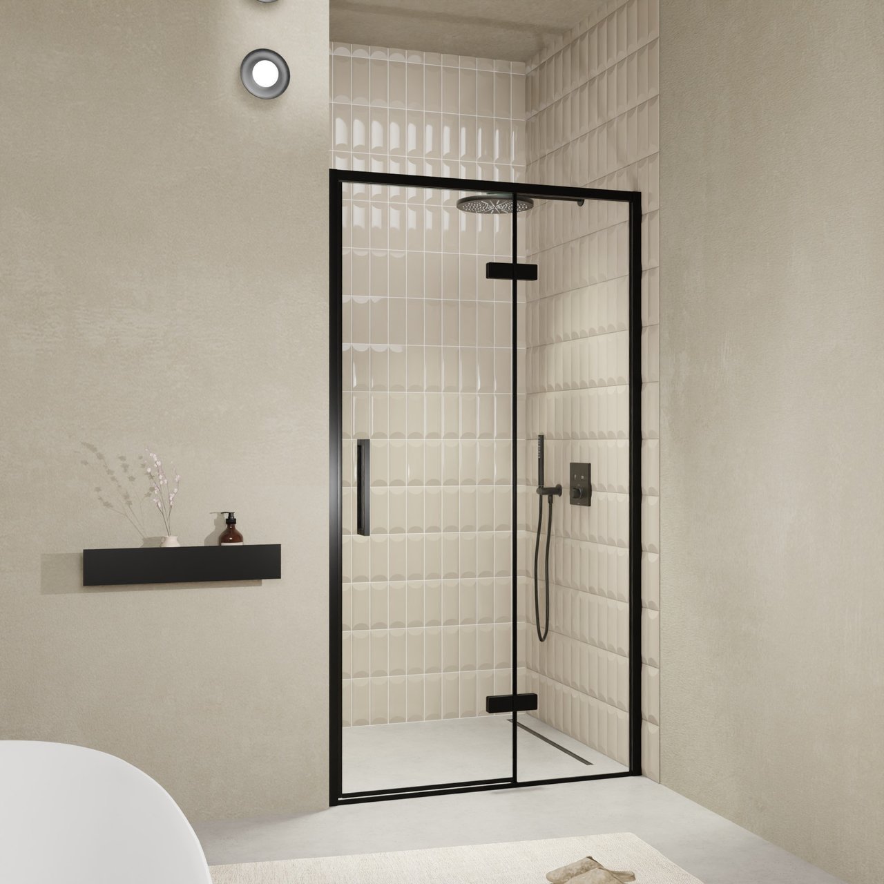 Balmani Senses Design douche draaideur rechts 120 cm x 210 cm Helder glas, Zwarte profielen