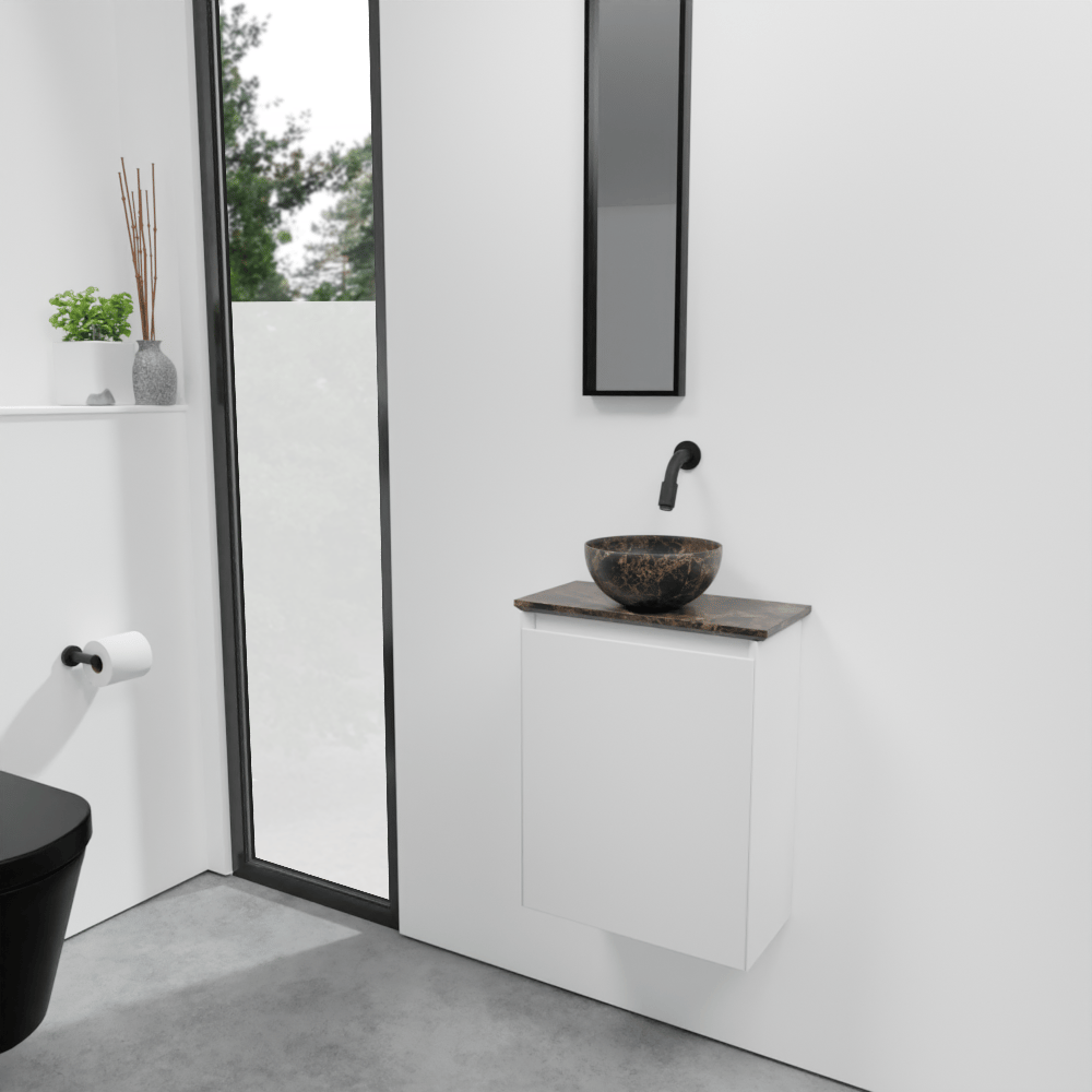 Balmani Mitra meuble wc suspendu 42 x 21 cm blanc mat avec Facetta tablette et Bari XS vaque à poser en marbre Dark Emperador