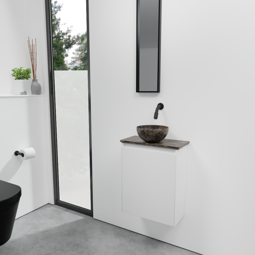 Balmani Mitra zwevend toiletmeubel 42 x 21 cm mat wit met Facetta tablet en Bari XS waskom in Dark Emperador marmer
