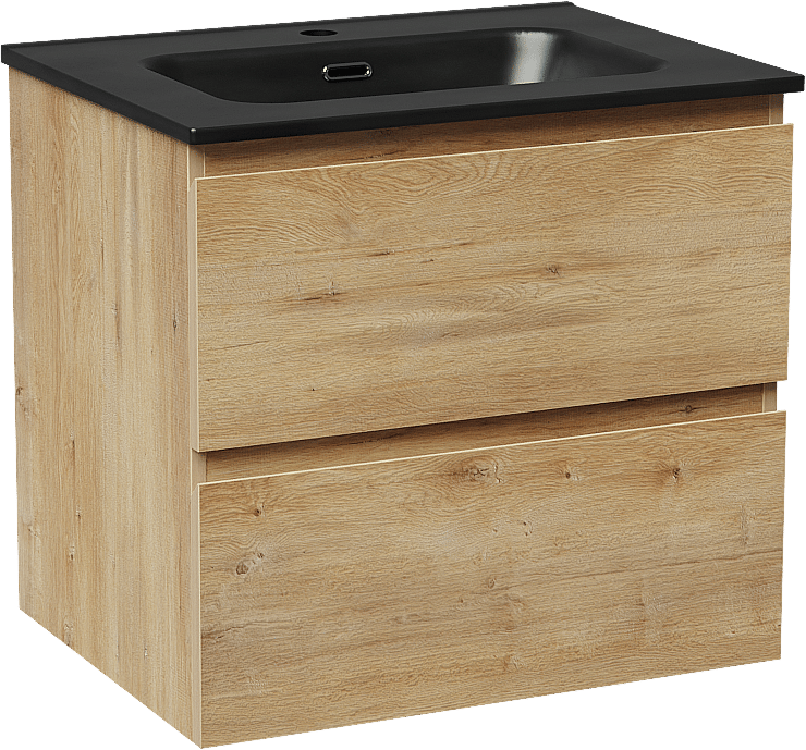 Linie Lado zwevend badkamermeubel 60 x 46 cm natuur eik met Baro enkele wastafel in porselein mat zwart