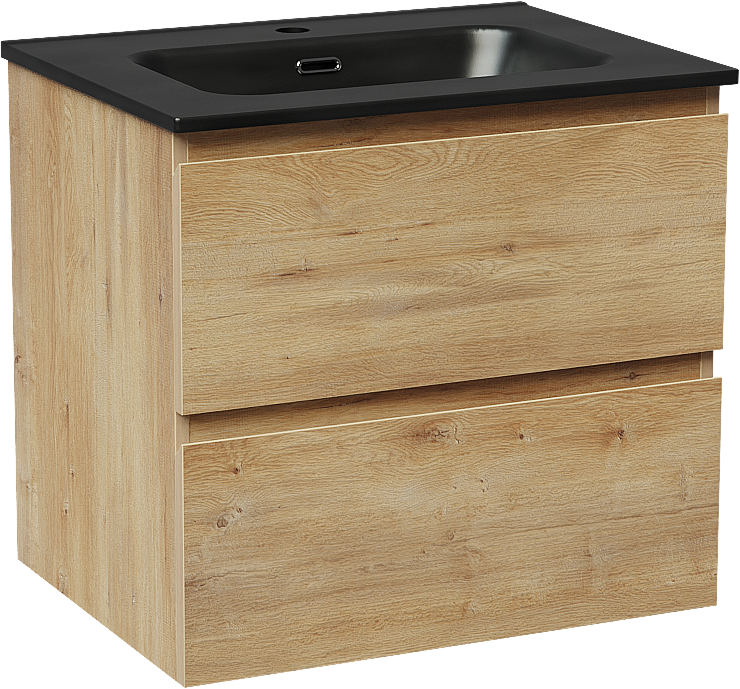 Linie Lado zwevend badmeubel 60 x 46 cm naturel eiken met Baro enkele wastafel in porselein mat zwart