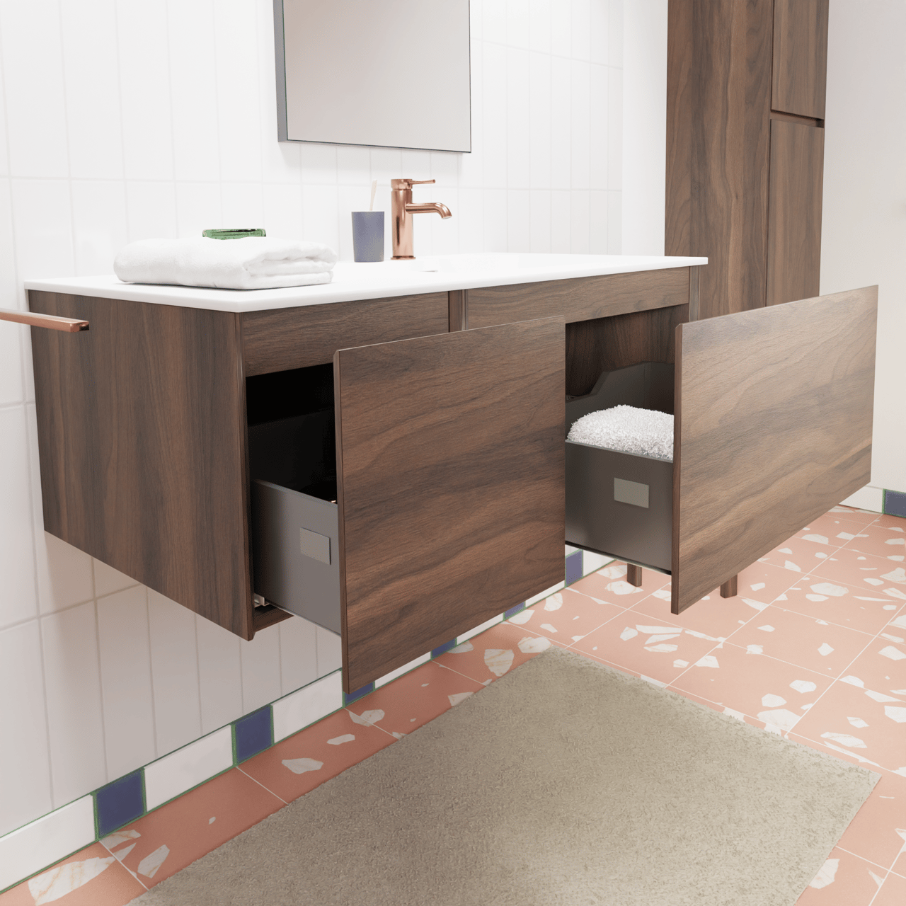 Storke Edge zwevend badmeubel 100 x 52 cm notenhout met Mata asymmetrisch rechtse wastafel in solid surface mat wit