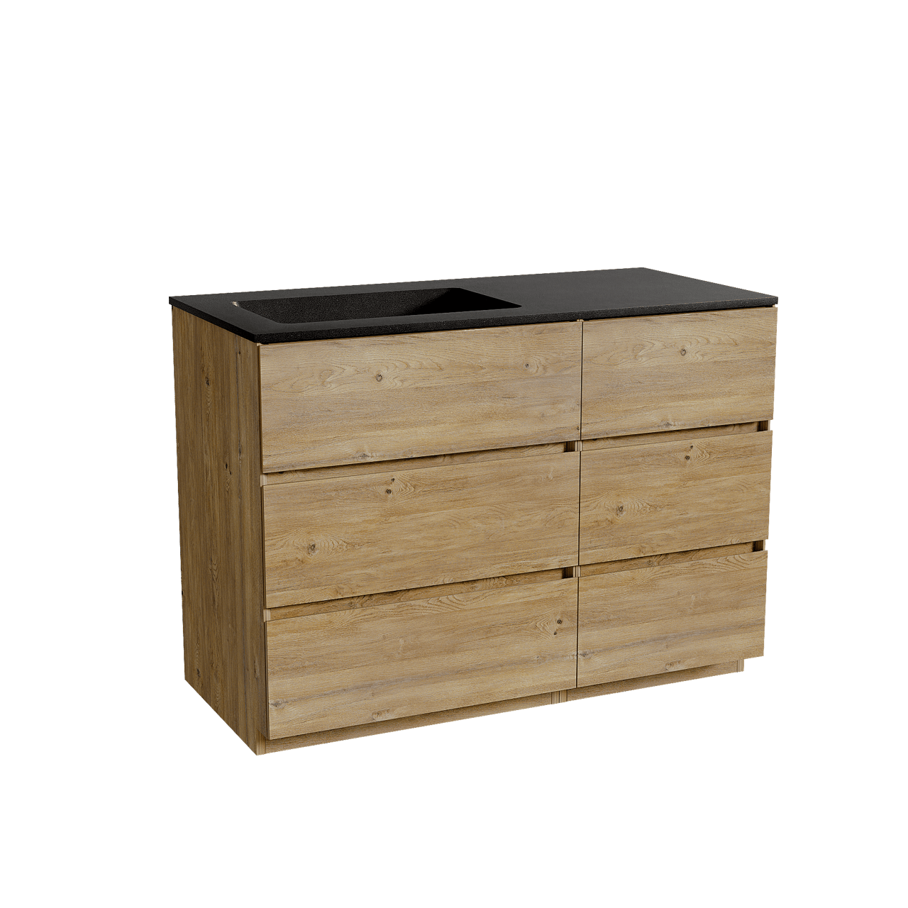 Storke Edge meuble salle de bains à poser 110 x 52 cm chêne brut avec Scuro vasque asymétrique gauche en quartz noir mat