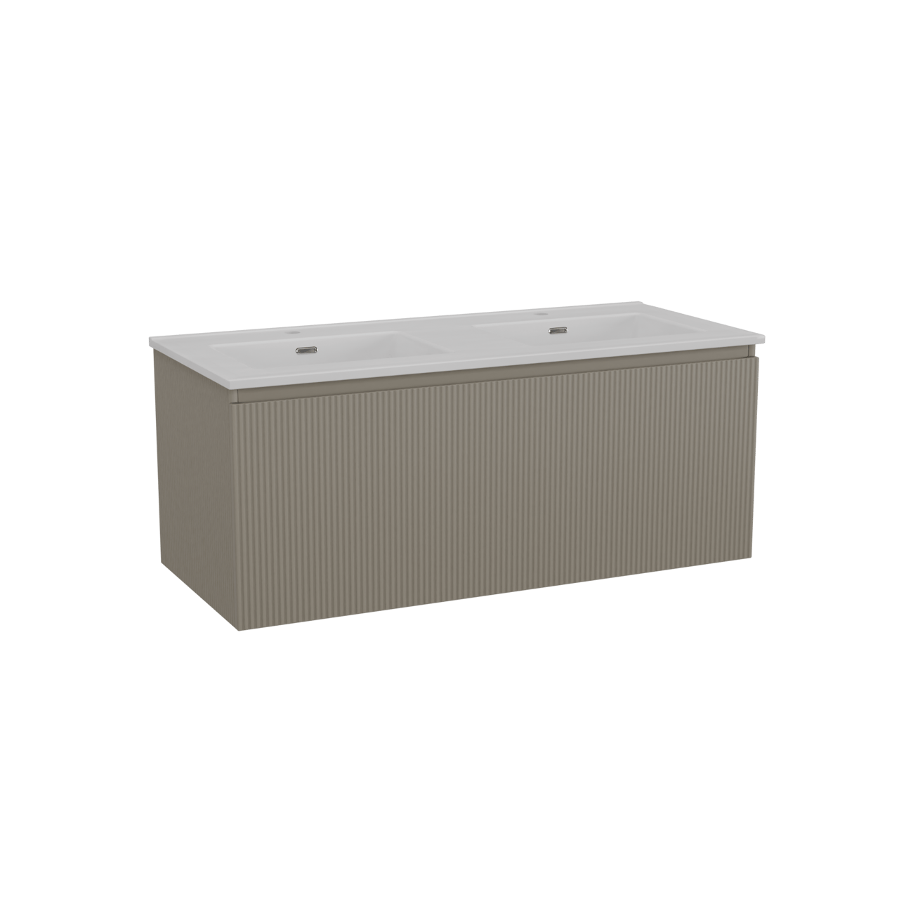 Storke Ribs zwevend badkamermeubel 120 x 52 cm zijdegrijs met Kera dubbele wastafel in porselein glanzend wit