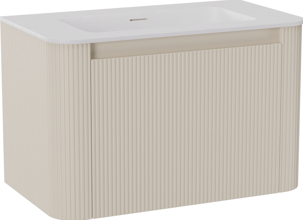 Storke Soft zwevend badmeubel 80 x 46 cm Sand mat met Mata Soft enkele wastafel in solid surface mat wit, Verticale symmetrische rechte ribbel