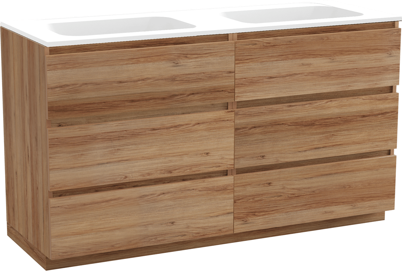 Balmani Lucida meuble salle de bains à poser 150 x 55 cm teck avec Tablo Strada double vasque en marbre composite blanc mat