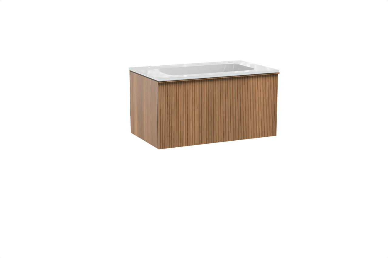 Balmani Forma hängendes Möbelstück Set: 90 x 55 cm, Teak, mit Tablo Strada Einzelwaschtisch, Marmorkomposit, Weiß glänzend, Vertikale symmetrische gerade Rippe