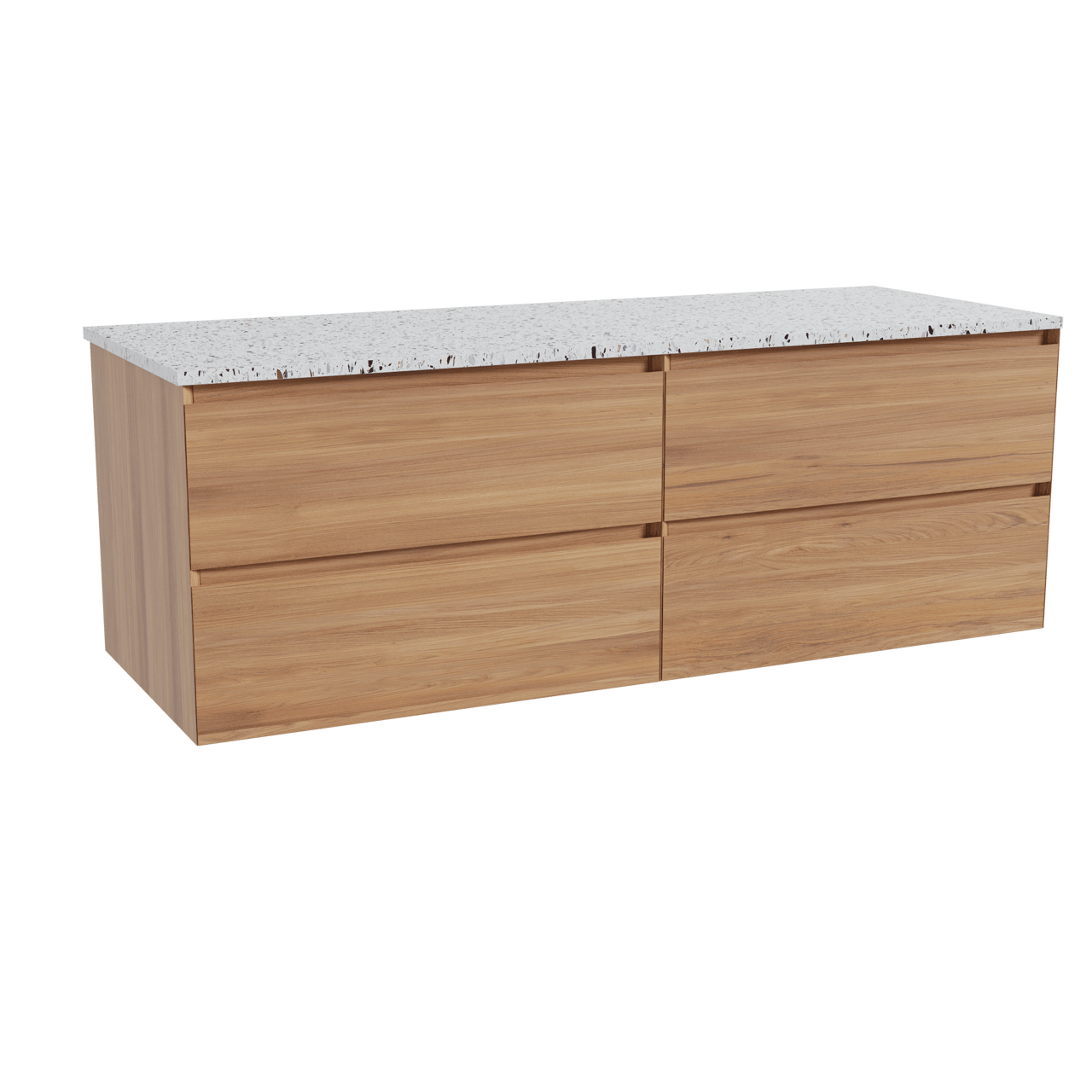 Balmani Mitra hängendes Möbelstück Set: 150 x 55 cm, Teak, mit Stretto Einzel- oder Doppel Waschtischplatte, Terrazzo in Weiß/Schwarz matt