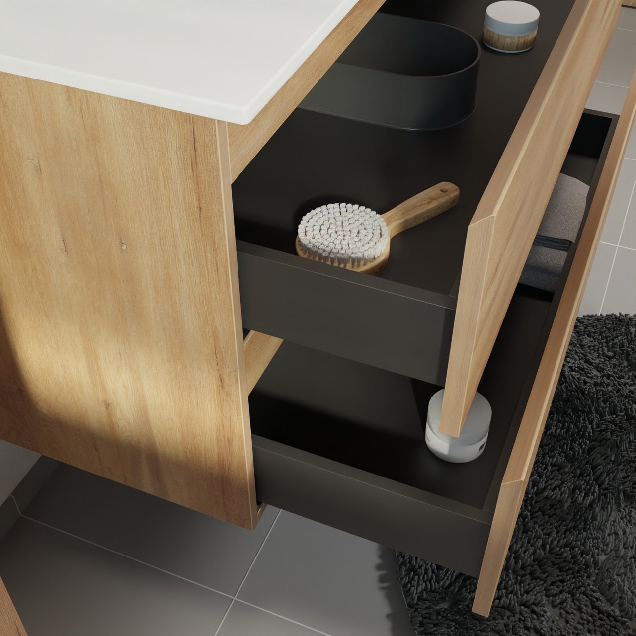 Linie Lado zwevend badkamermeubel 70 x 46 cm natuur eik met Baro enkele wastafel in porselein mat wit