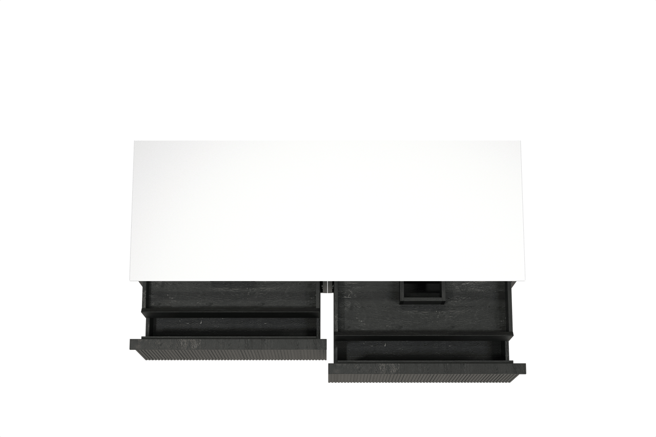 Balmani Forma hängendes Möbelstück Set: 150 x 55 cm, Schwarze Eiche, mit Stretto Einzel- oder Doppel Waschtischplatte, Solid Surface, Weiß matt, Vertikale symmetrische gerade Rippe