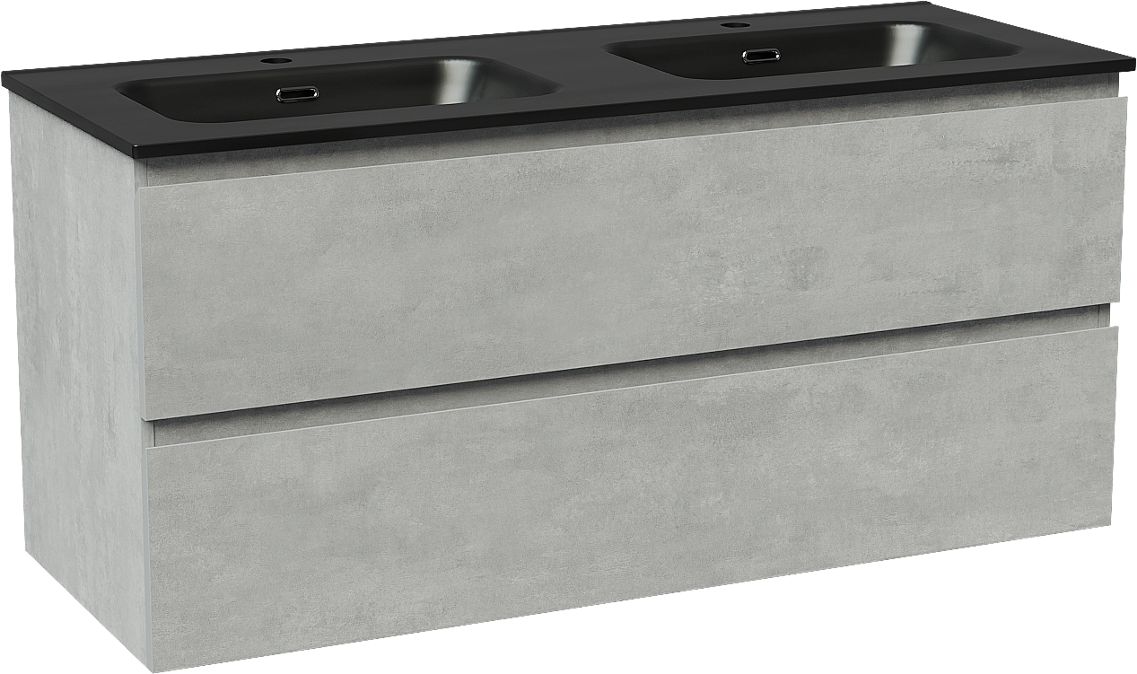 Linie Lado hängendes Möbelstück Set: 120 x 46 cm, Beton dunkelgrau, mit Baro Doppelwaschtisch, Porzellan Schwarz matt