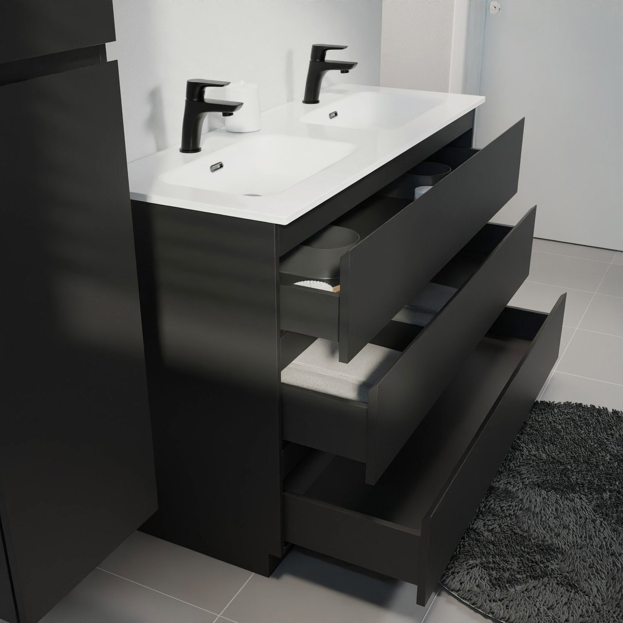 Linie Lado freistehendes Möbelstück Set: 120 x 46 cm, Schwarz matt, mit Baro Doppelwaschtisch, Porzellan Weiß glänzend