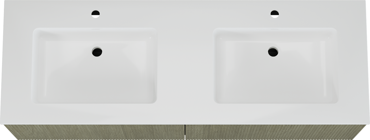 Storke Ribs meuble salle de bains suspendu 150 x 52 cm chêne brut avec Bilia double vasque en marbre composite blanc brillant, Nervure droite symétrique verticale