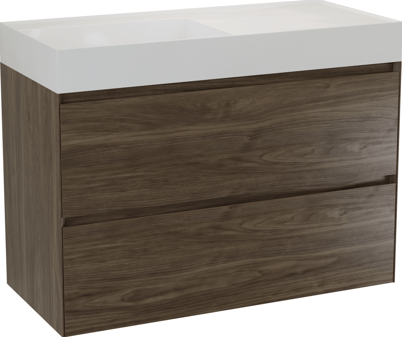 Balmani Mitra Compact zwevend badkamermeubel 100 x 46 cm Amerikaanse notelaar met Argila asymmetrisch linkse wastafel in composietmarmer glanzend wit