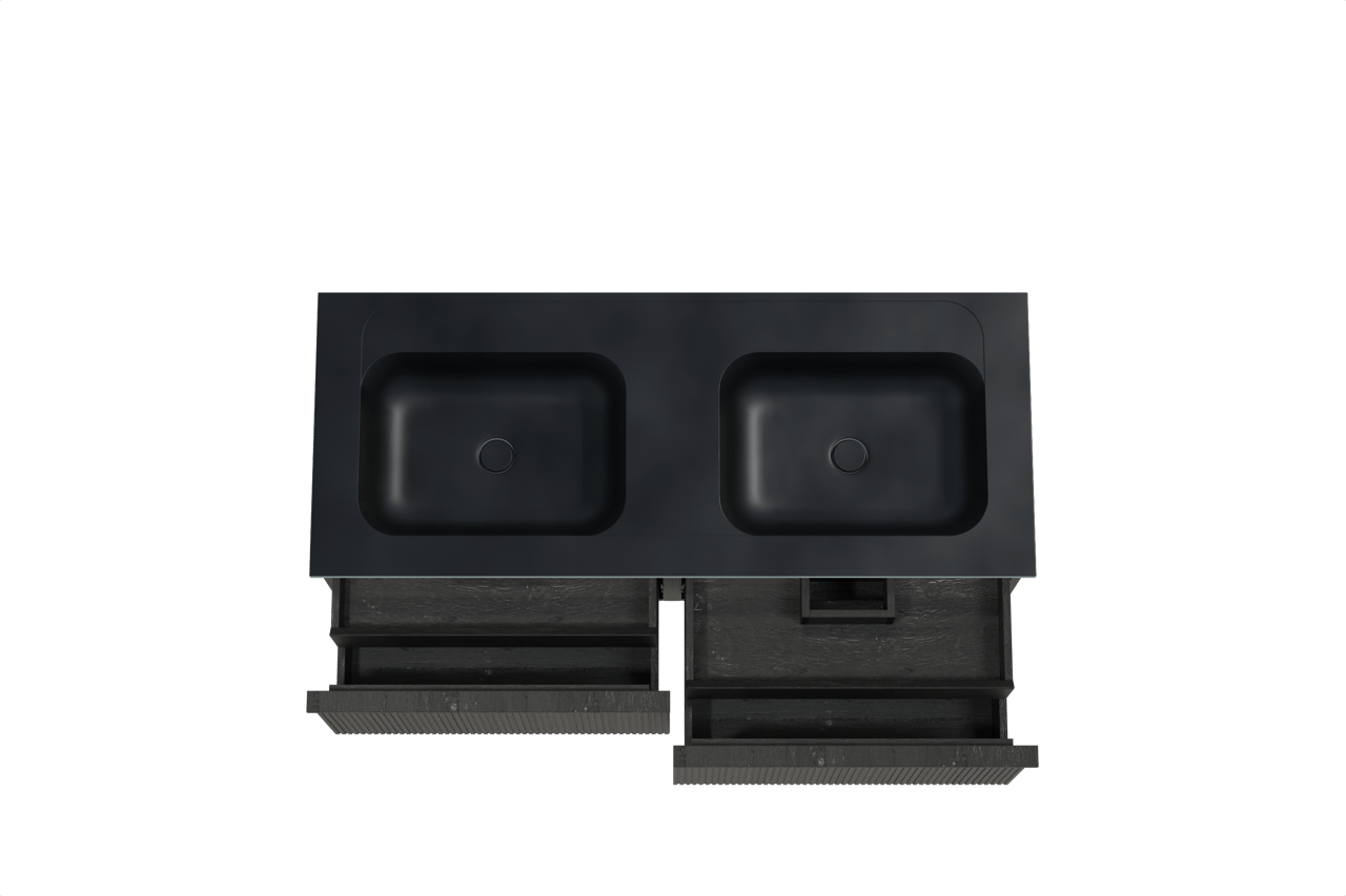 Balmani Forma zwevend badkamermeubel 135 x 55 cm zwarte eik met Tablo Strada dubbele wastafel in composietmarmer mat zwart, Verticale symmetrische rechte ribbel