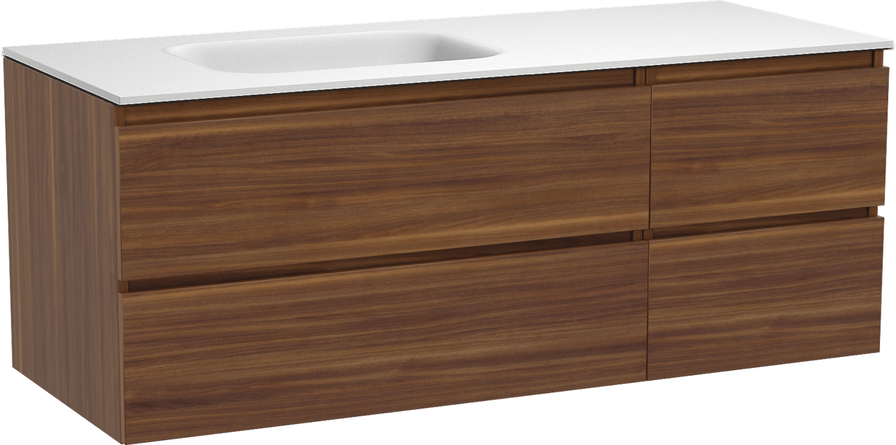 Balmani Lucida hängendes Möbelstück Set: 135 x 55 cm, Amerikanischer Nussbaum, mit Tablo Arcato Waschtisch links, Solid Surface Weiß matt