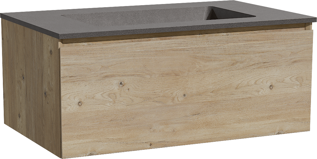 Storke Edge hängendes Möbelstück Set: 85 x 52 cm, Rohe Eiche, mit Scuro Einzelwaschtisch, Quarz Schwarz matt