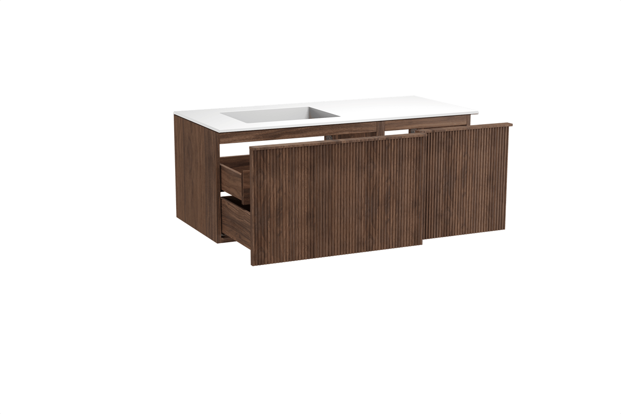 Balmani Forma hängendes Möbelstück Set: 120 x 55 cm, Amerikanischer Nussbaum, mit Tablo Stretto Waschtisch links, Solid Surface, Weiß matt, Vertikale symmetrische gerade Rippe