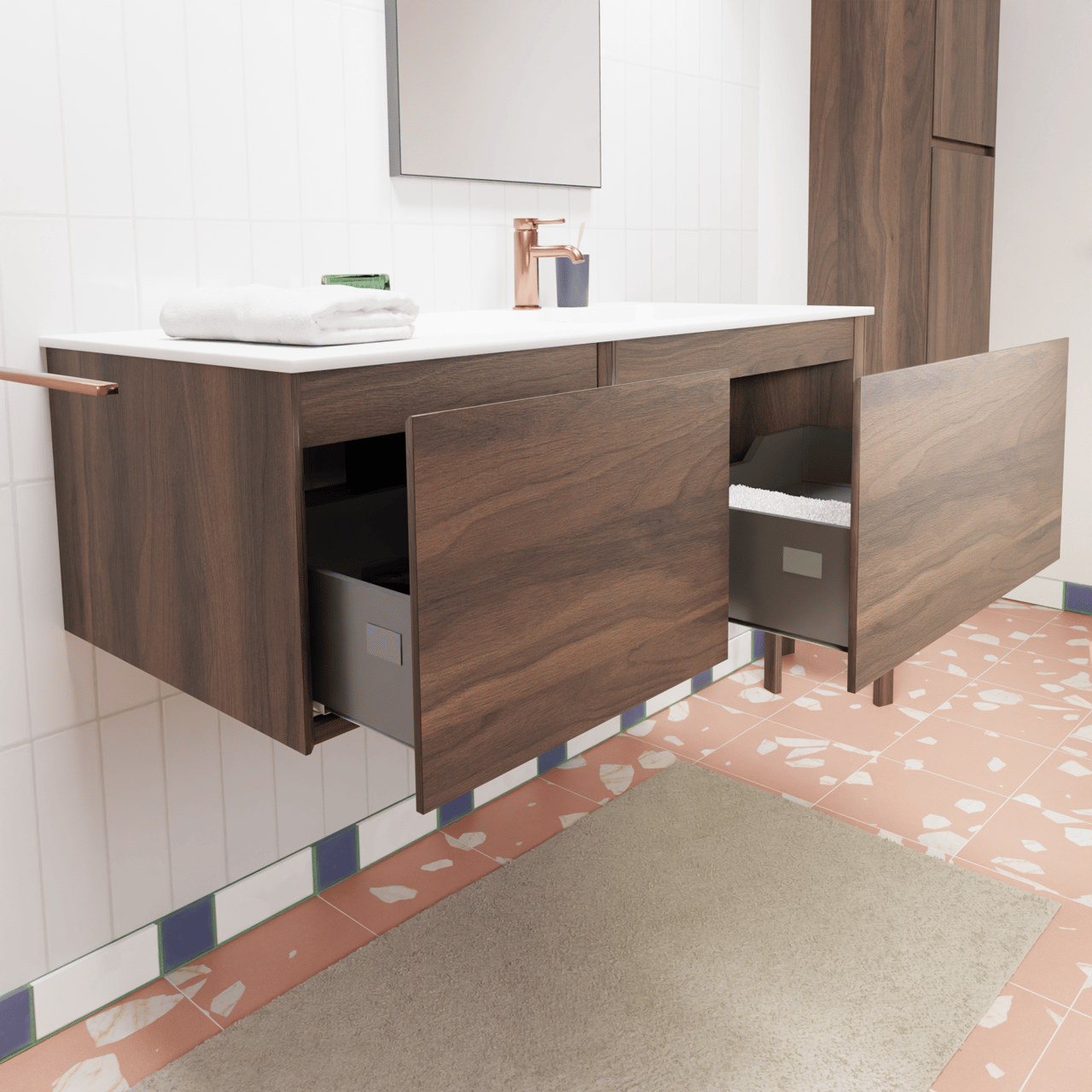 Storke Edge meuble salle de bains suspendu 110 x 52 cm noyer avec Mata vasque asymétrique droite en solid surface blanc mat