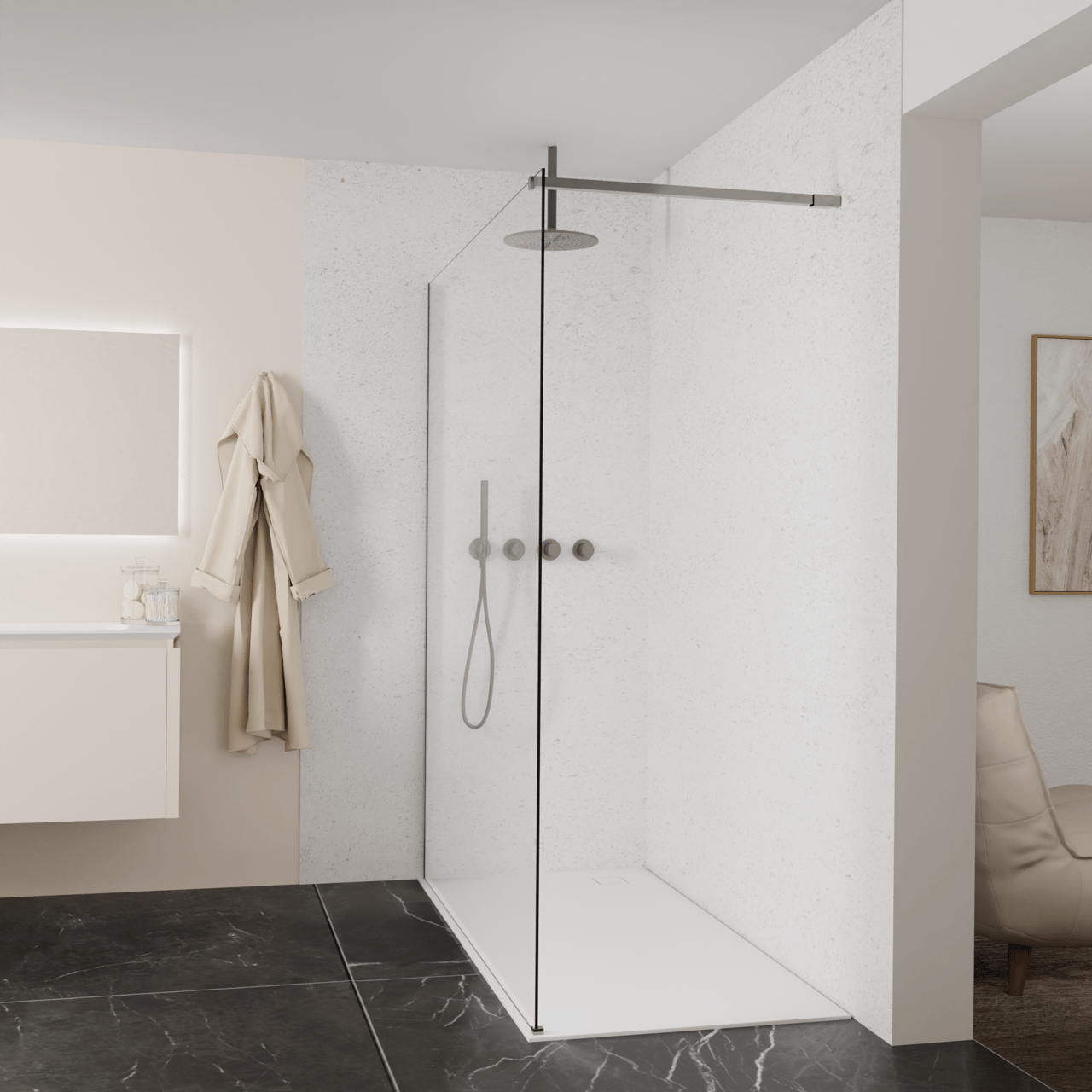 Balmani Modular douche à l'italienne: 170 x 200 cm, Verre transparent, avec coating, Profil Brushed GunMetal