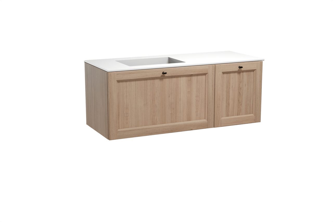 Balmani Lemon hängendes Möbelstück Set: 135 x 55 cm, Verwitterte Eiche, mit Tablo Stretto Waschtisch links, Solid Surface Weiß matt