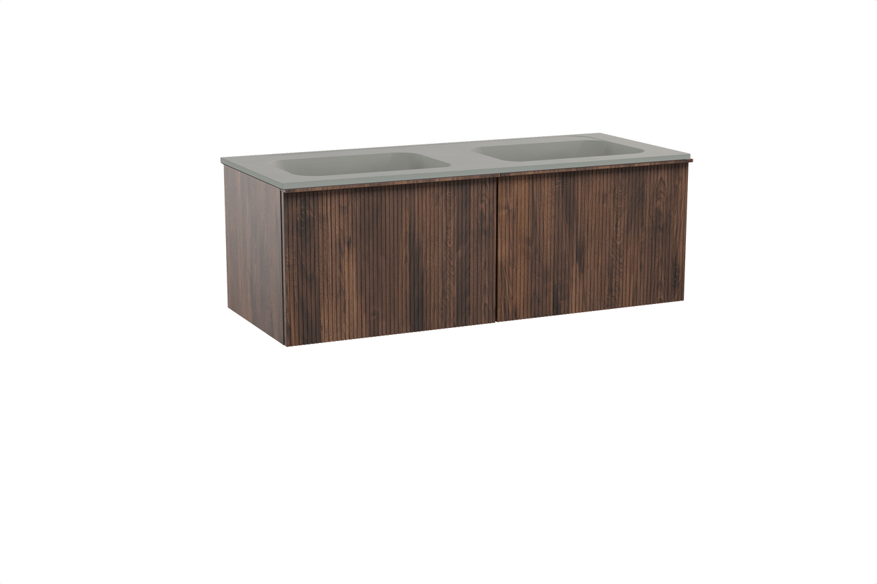 Balmani Forma zwevend badkamermeubel 135 x 55 cm amerikaanse notelaar met Tablo Strada dubbele wastafel in composietmarmer zijdegrijs, Verticale symmetrische rechte ribbel