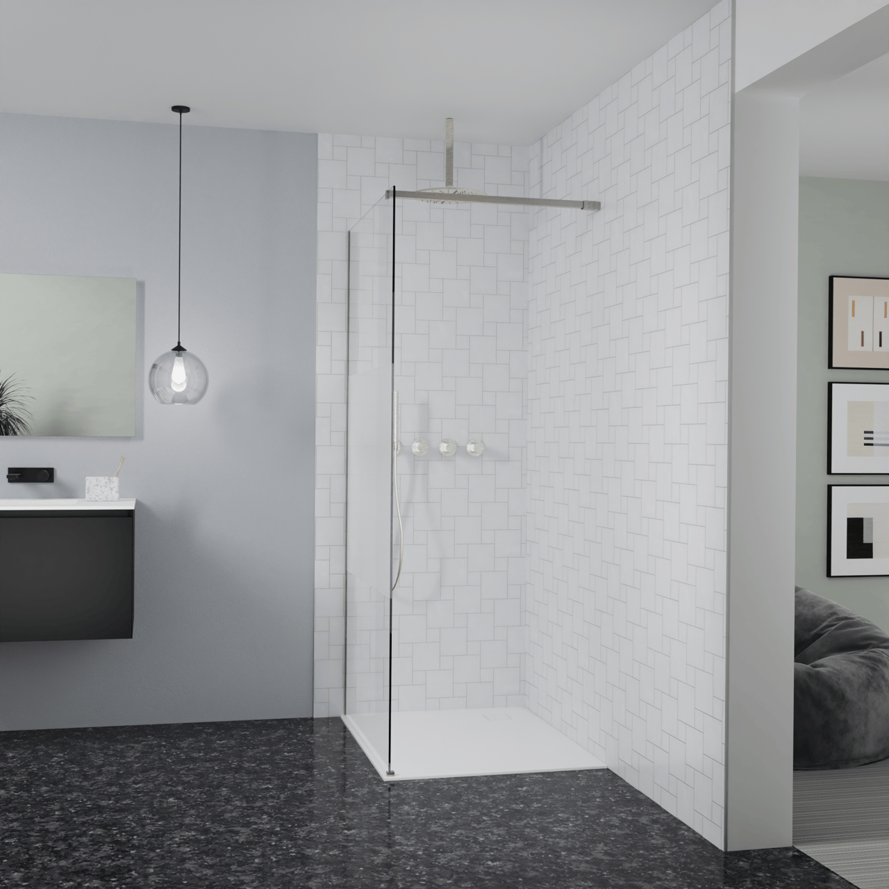 Balmani Modular douche à l'italienne: 100 x 200 cm, Verre transparent avec bande mate, avec coating, Profil Brushed CoolMetal