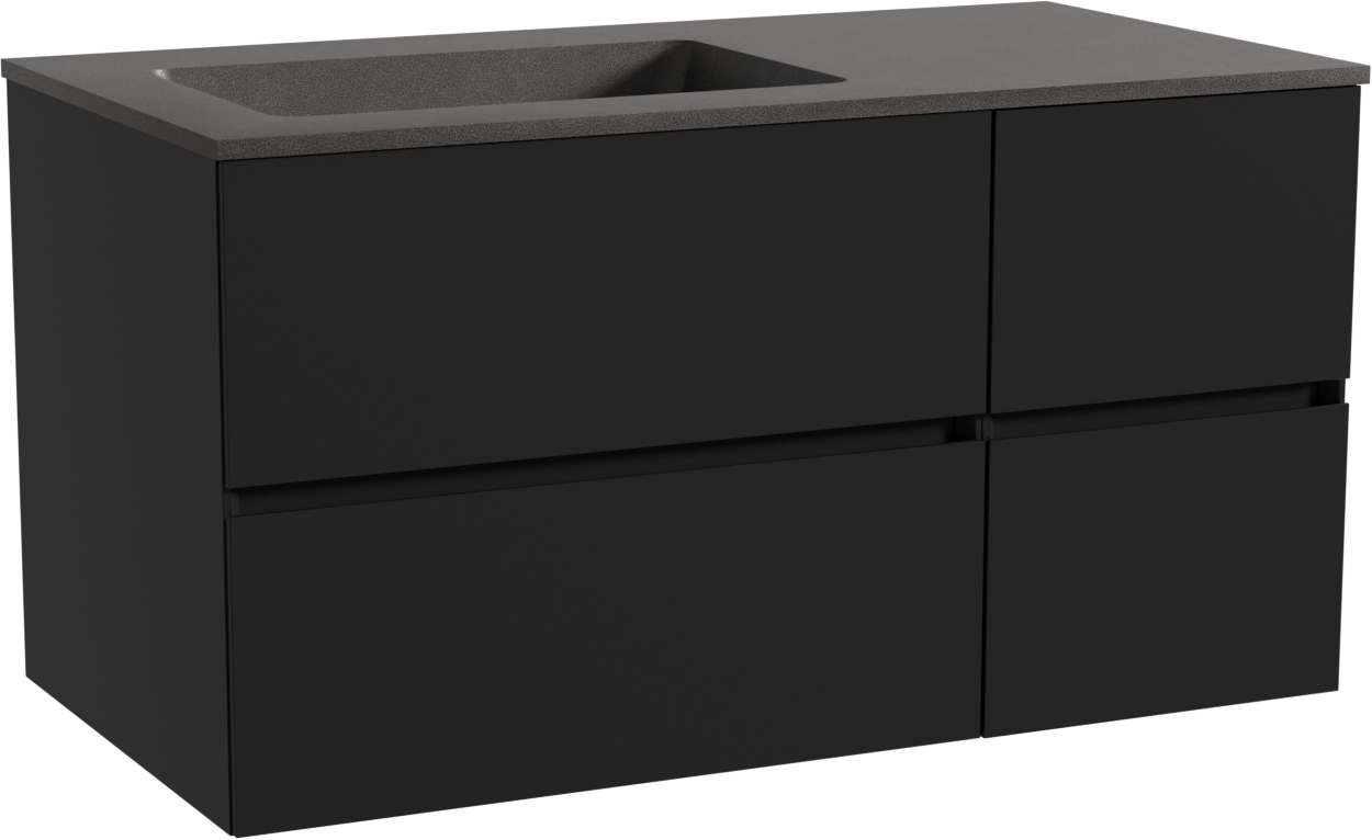 Storke Edge meuble salle de bains suspendu 100 x 52 cm noir mat avec Scuro plan vasque asymétrique à gauche en quartz noir mat