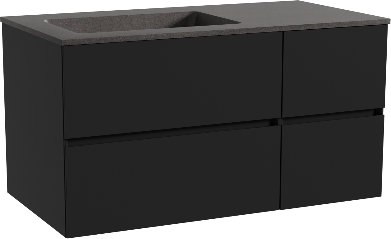 Storke Edge meuble salle de bains suspendu 100 x 52 cm noir mat avec Scuro plan vasque asymétrique à gauche en quartz noir mat