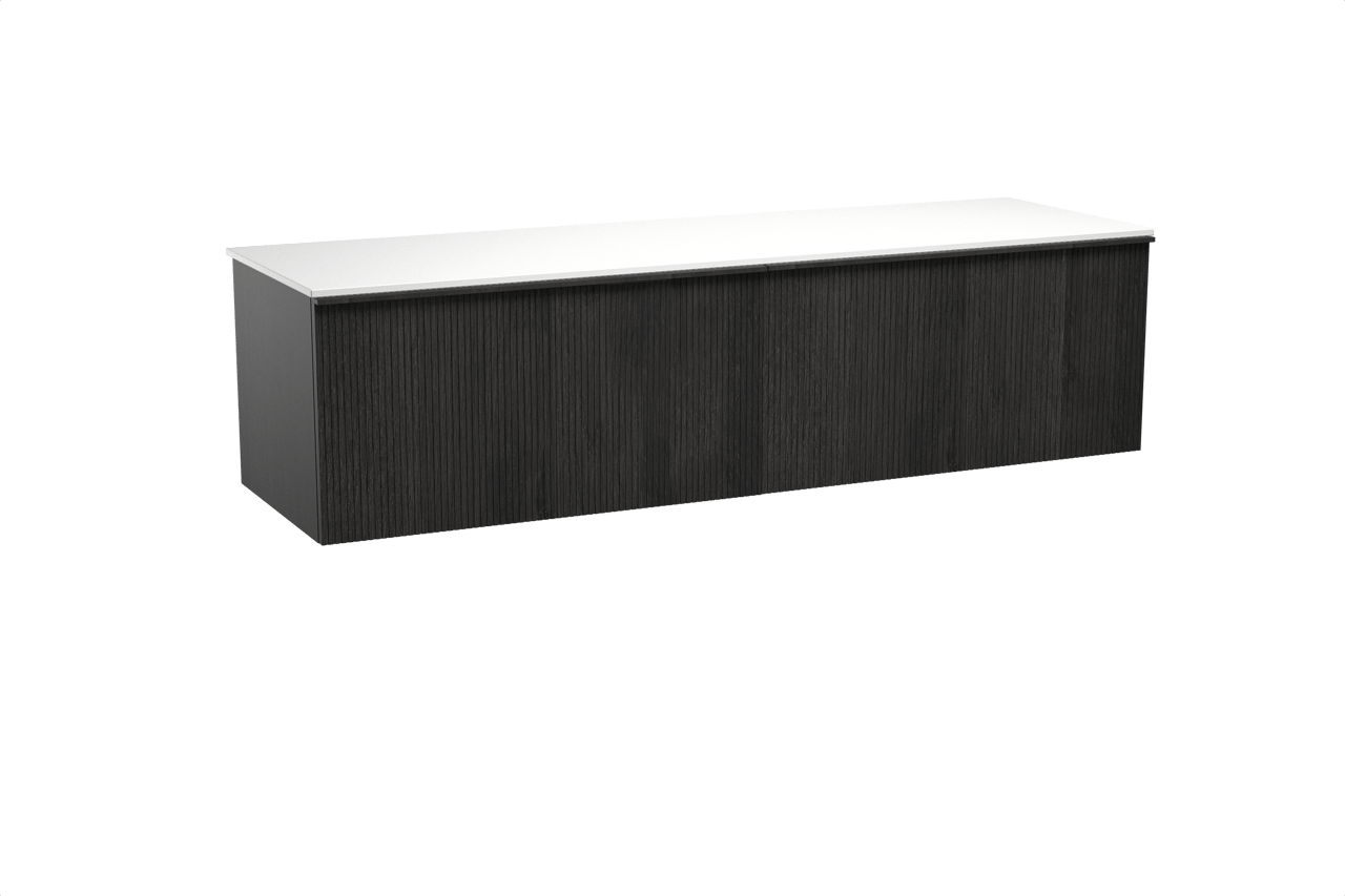 Balmani Forma meuble salle de bains suspendu 180 x 55 cm chêne noir avec Stretto tablette simple ou double en solid surface blanc mat, Nervure droite symétrique verticale