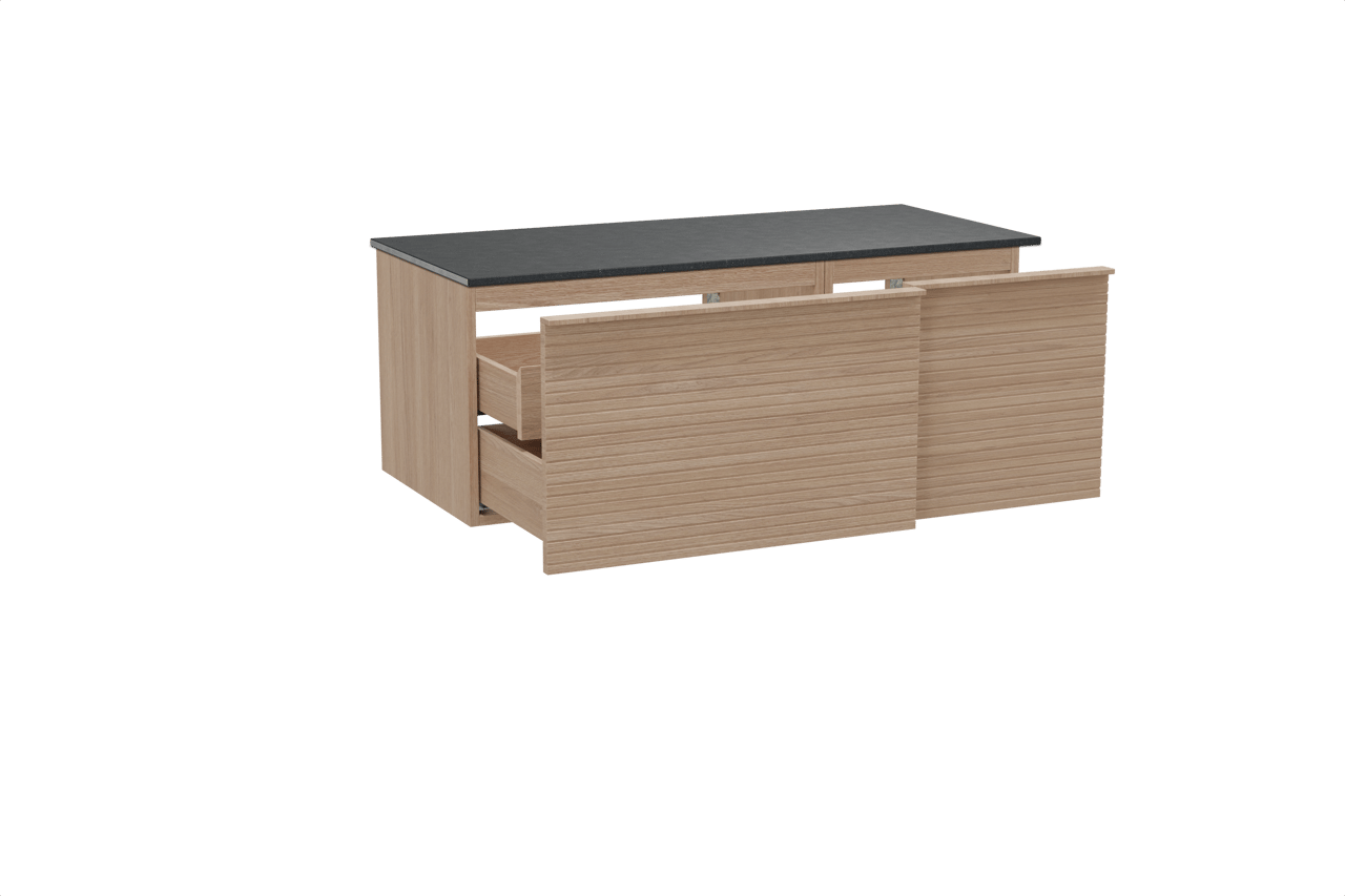 Balmani Forma zwevend badkamermeubel 120 x 55 cm natuur eik met Stretto enkel tablet in graniet zwart, Horizontale symmetrische rechte ribbel