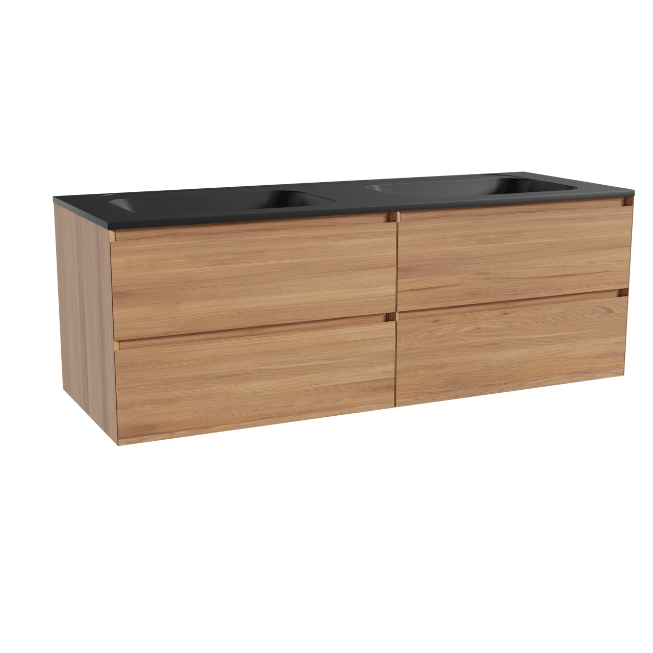 Balmani Mitra hängendes Möbelstück Set: 150 x 55 cm, Teak, mit Tablo Strada Doppelwaschtisch, Marmorkomposit Schwarz matt