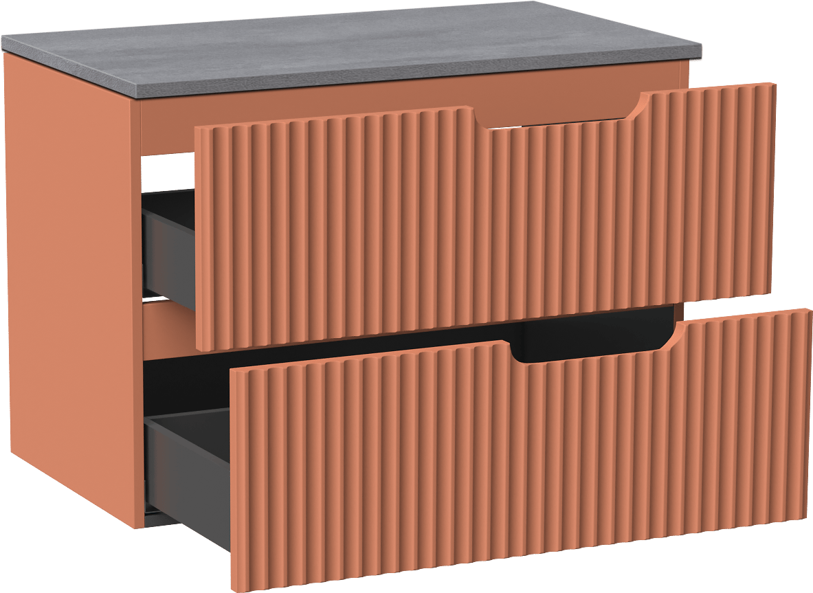 Linie Ribbo zwevend badmeubel 80 x 46 cm cotto met Lado enkel wastafelblad in melamine beton donkergrijs, Verticale symmetrische ronde ribbel